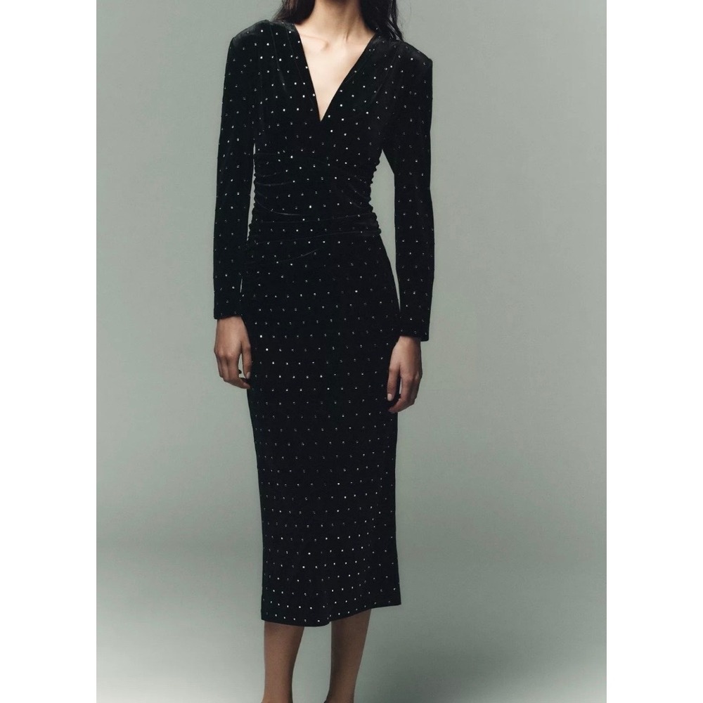 NWT Zara Women's Velvet Rhinestone Midi Dress Small Glam Fairygoth Cocktail Blac